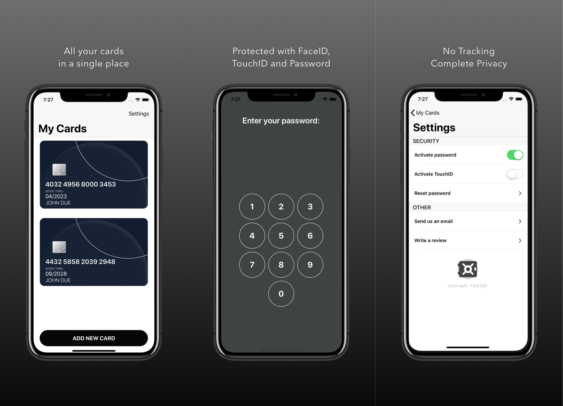 Screenshots of the iOS app Card Vault